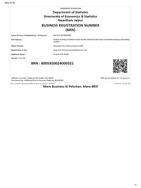Business Registration Number (BRN) : Department of Sta S Cs.